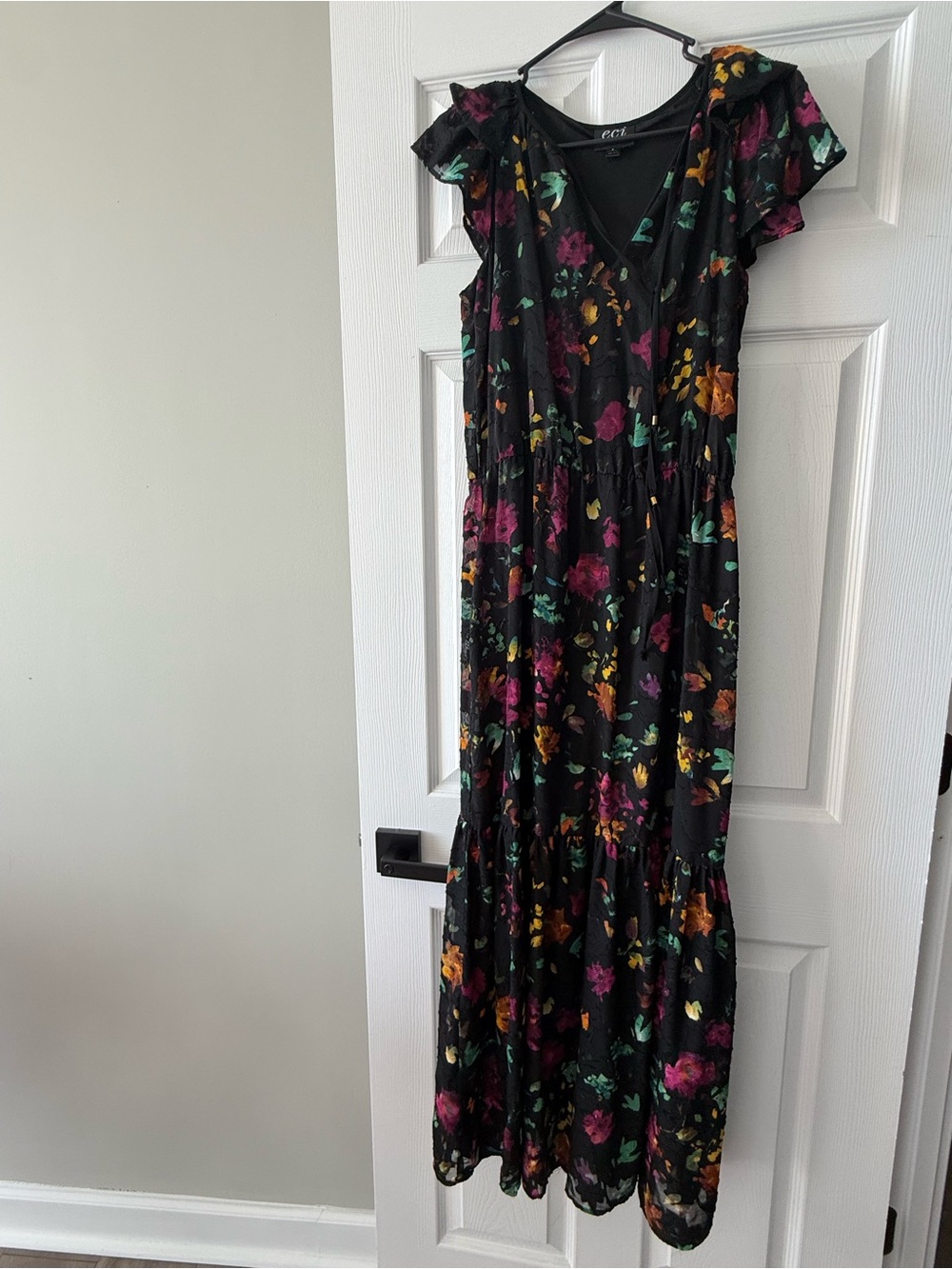 ECI New York Black Floral Midi Dress Flutter Sleeve Size S
